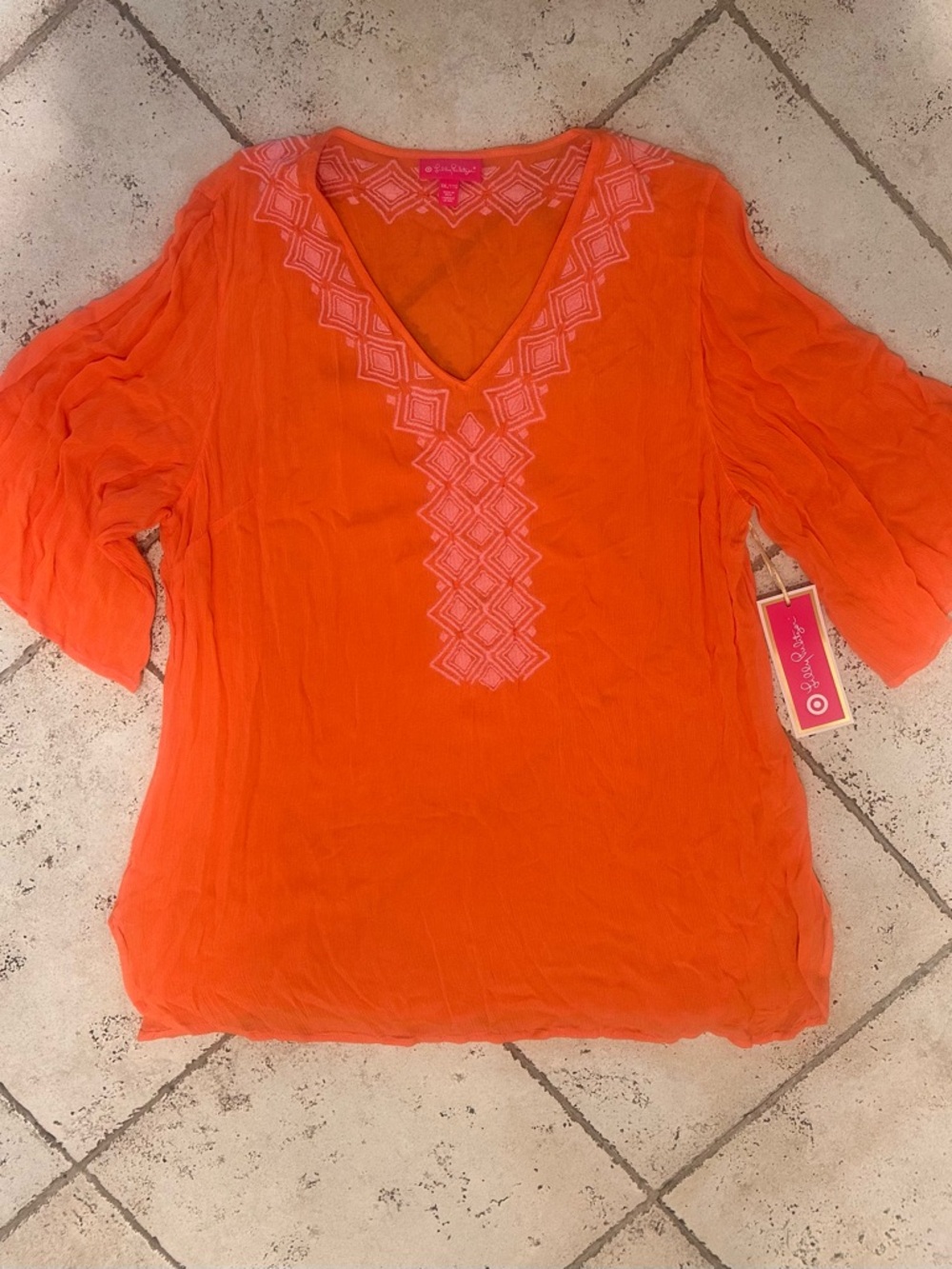 Lilly Pulitzer for Target Orange V-Neck Gauze Tunic with Pink Embroidery NWT XXL